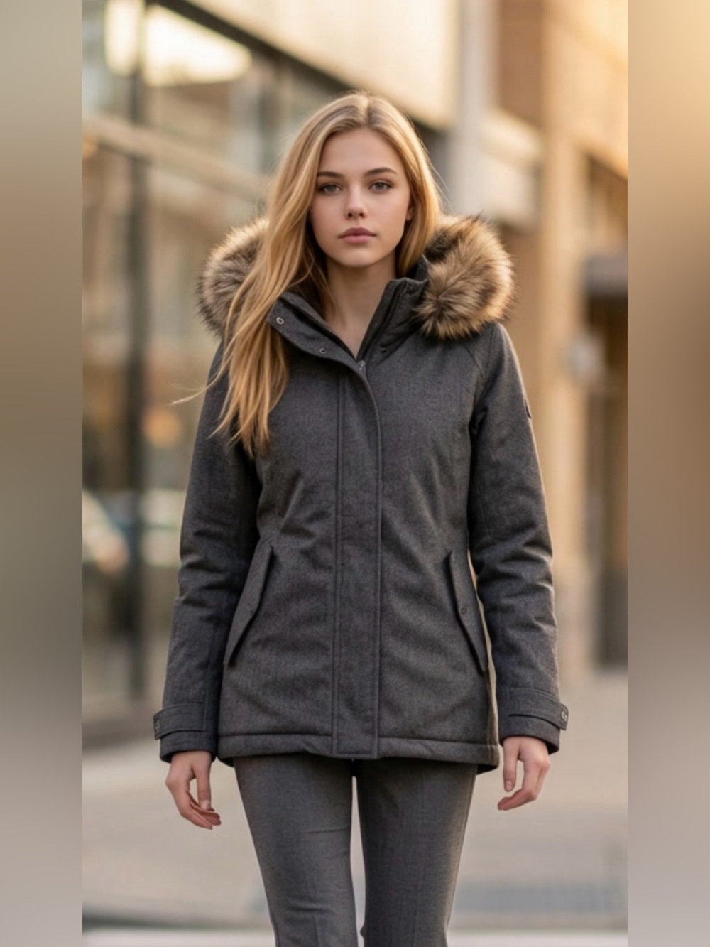 TNA Women's Charcoal Gray Faux-Fur Hooded Puffer Jacket